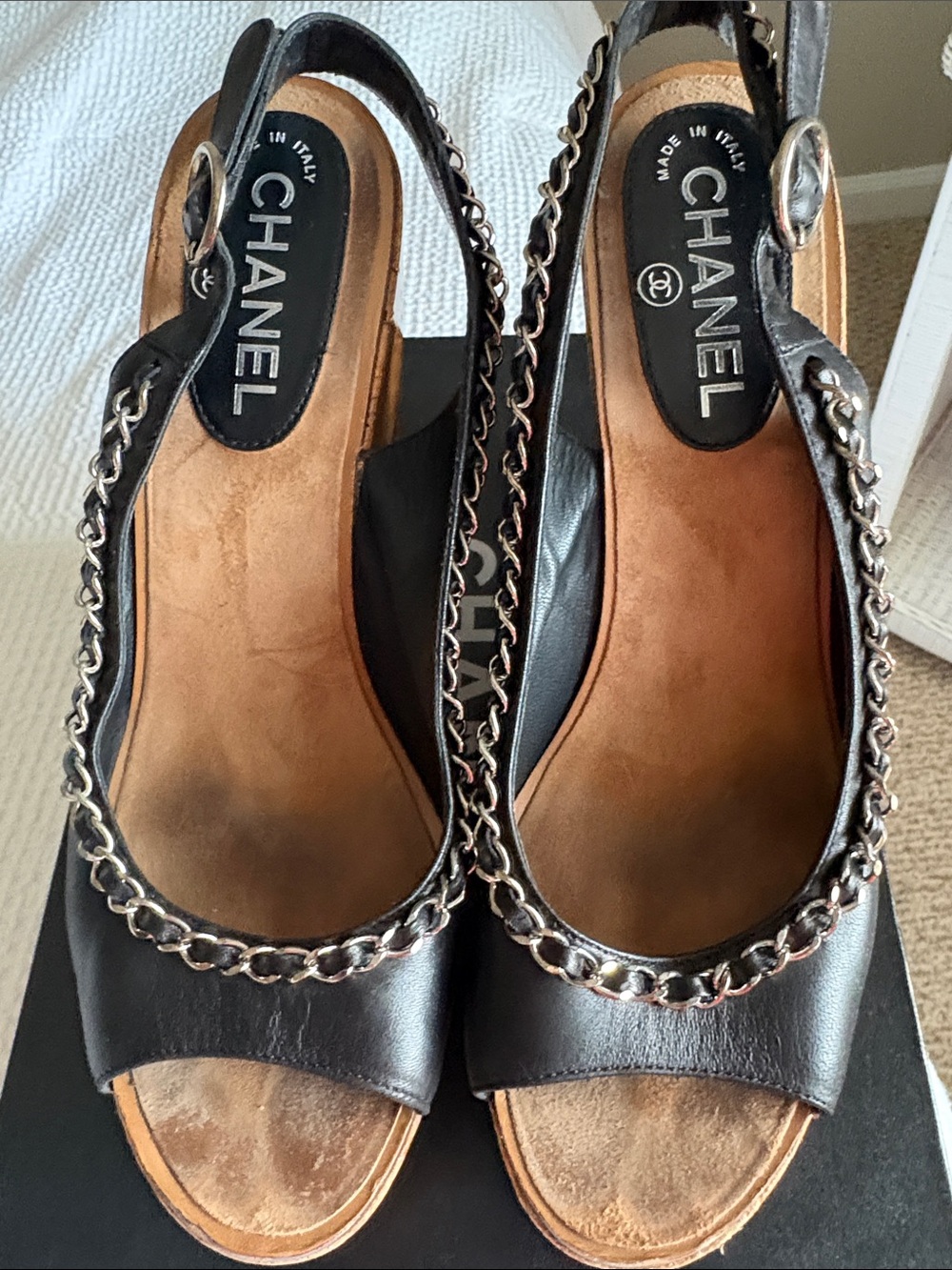 CHANEL Black Leather Chain-Trim Open-Toe Slingback Mules Size 41